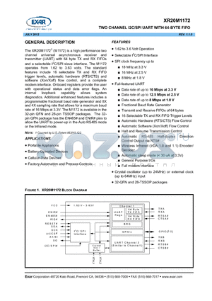 XR20M1172 datasheet - TWO CHANNEL I2C/SPI UART WITH 64-BYTE FIFO