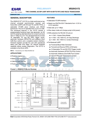 XR20V2172IL64 datasheet - TWO CHANNEL I2C/SPI UART WITH 64-BYTE FIFO AND RS232 TRANSCEIVER