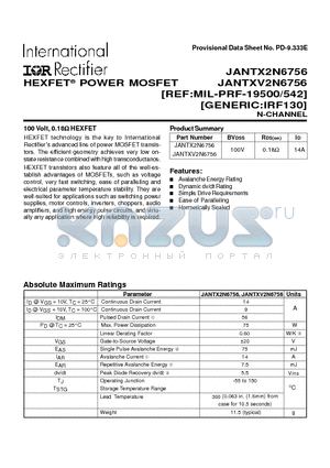 JANTX2N6756 datasheet - POWER MOSFET N-CHANNEL(BVdss=100V, Rds(on)=0.18ohm, Id=14A)