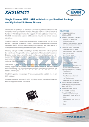 XR21B1411 datasheet - Single Channel USB UART with Industry`s Smallest Package and Optimized Software Drivers