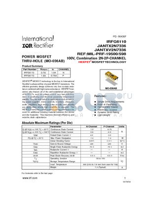 JANTX2N7336 datasheet - POWER MOSFET THRU-HOLE (MO-036AB)