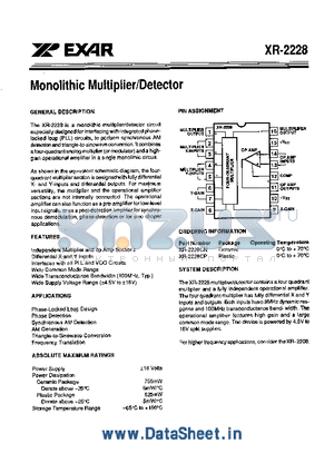 XR2228CN datasheet - Monolithic Multiplier/Detector