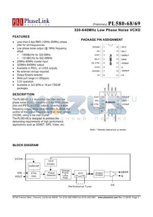 PL580-69QCL-R datasheet - 320-640MHz Low Phase Noise VCXO