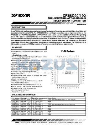 XR68C192IJ datasheet - DUAL UNIVERSAL ASYNCHRONOUS RECEIVER AND TRANSMITTER