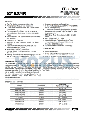 XR88C681N/40 datasheet - CMOS DUAL CHANNEL UART (DUART)