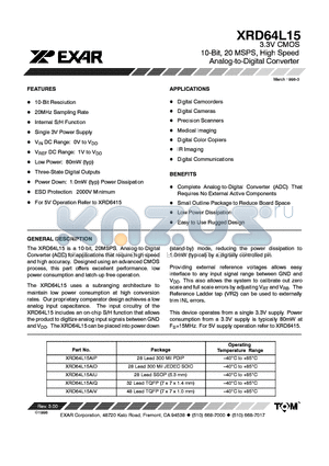 XRD64L15 datasheet - 3.3V CMOS 10-Bit, 20MSPS, High Speed Analog-to-Digital Converter