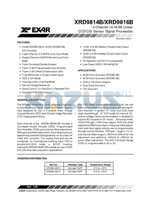 XRD9814BCV datasheet - 3-Channel 14/16-Bit Linear CCD/CIS Sensor Signal Processors