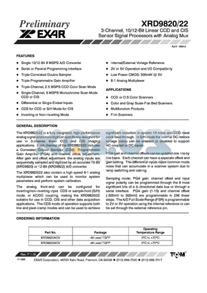 XRD9820 datasheet - 3-Channel, 10/12-Bit Linear CCd and CIS Sensor signal Processors