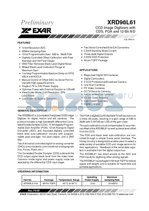 XRD98L61AIV datasheet - CCD Image Digitizers with CDS, PGA and 12-Bit A/D