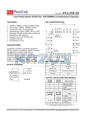 PLL520-20 datasheet - Low Phase Noise VCXO (for 100-200MHz Fundamental Crystals)