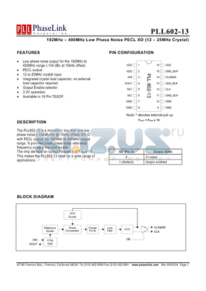 PLL602-13 datasheet - 192MHz - 400MHz Low Phase Noise PECL XO (12 - 25MHz Crystal)