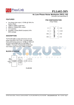 PLL602-38N datasheet - 4x Low Phase Noise Multiplier PECL XO