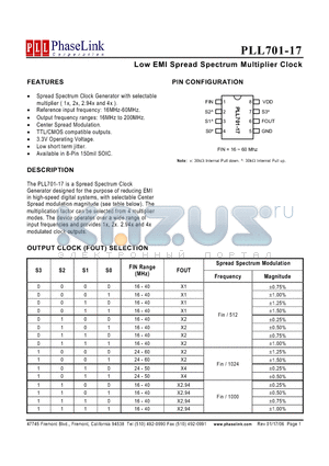 PLL701-17SC-R datasheet - Low EMI Spread Spectrum Multiplier Clock