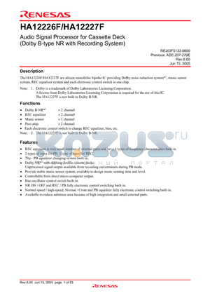 HA12226F datasheet - Audio Signal Processor for Cassette Deck(Dolby B-type NR with Recording System)