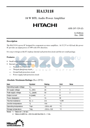 HA13118 datasheet - 18 W BTL Audio Power Amplifier