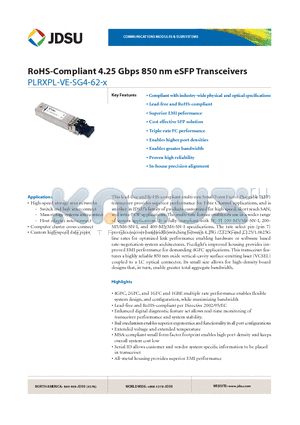 PLRXPL-VE-SG4-62-X datasheet - RoHS-Compliant 4.25 Gbps 850 nm eSFP Transceivers