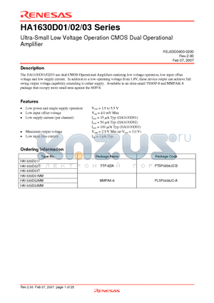 HA1630D01 datasheet - Ultra-Small Low Voltage Operation CMOS Dual Operational Amplifier