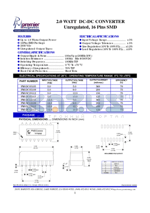 PM-DC05105 datasheet - 2.0 WATT DC-DC CONVERTER Unregulated, 16 Pins SMD