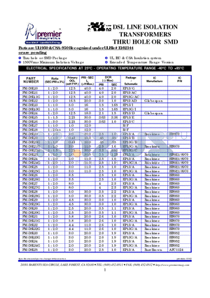 PM-DSL53 datasheet - DSL LINE ISOLATION TRANSFORMERS THRU HOLE OR SMD