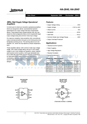 HA2-2640-2 datasheet - 4MHz, High Supply Voltage Operational Amplifiers