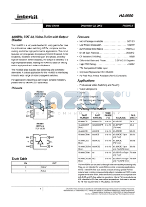 HA4600CPZ datasheet - 480MHz, SOT-23, Video Buffer with Output Disable