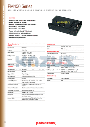 PM450 datasheet - 450 - 480 watts single & multiple output ac/dc medical