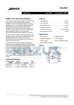 HA7-2544-2 datasheet - 50MHz, Video Operational Amplifier