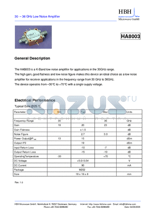 HA8003 datasheet - 30 - 36 GHz Low Noise Amplifier