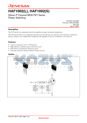HAF1002 datasheet - Silicon P Channel MOS FET Series Power Switching