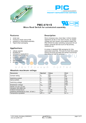 PMC-0701S1015 datasheet - Micro Reed Switch for automated assembly