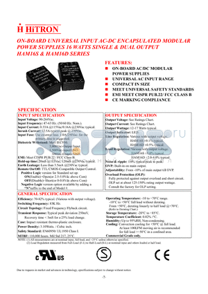 HAM16D datasheet - ON-BOARD UNIVERSAL INPUT AC-DC ENCAPSULATED MODULAR POWER SUPPLIES 16 WATTS SINGLE & DUAL OUTPUT