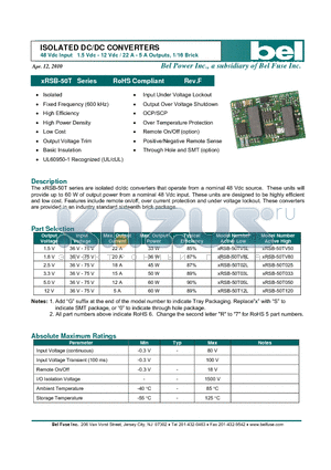 XRSB-50T_10 datasheet - 48 Vdc Input 1.5 Vdc - 12 Vdc / 22 A - 5 A Outputs, 1/16 Brick