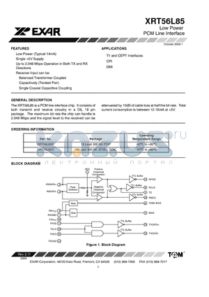 XRT56L85P datasheet - Low Power PCM Line Interface