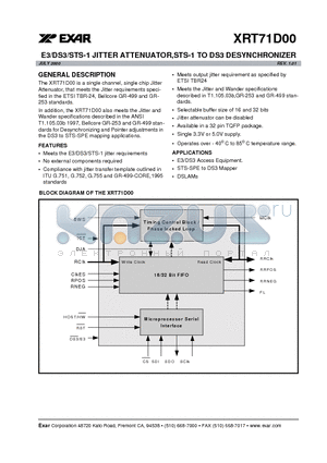 XRT71D00 datasheet - E3/DS3/STS-1 JITTER ATTENUATOR,STS-1 TO DS3 DESYNCHRONIZER