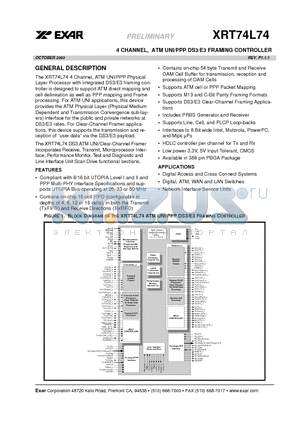 XRT74L74IB datasheet - 4 CHANNEL, ATM UNI/PPP DS3/E3 FRAMING CONTROLLER