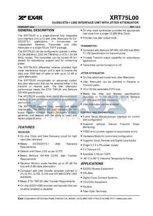 XRT75L00IV datasheet - E3/DS3/STS-1 LINE INTERFACE UNIT WITH JITTER ATTENUATOR