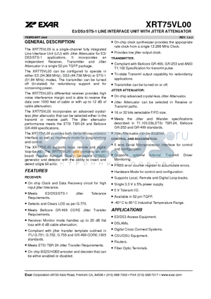 XRT75VL00 datasheet - E3/DS3/STS-1 LINE INTERFACE UNIT WITH JITTER ATTENUATOR