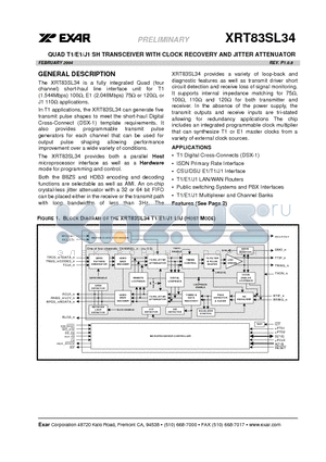 XRT83SL34IV datasheet - QUAD T1/E1/J1 SH TRANSCEIVER WITH CLOCK RECOVERY AND JITTER ATTENUATOR