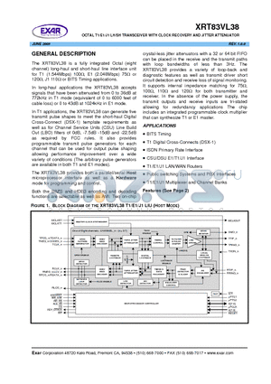 XRT83VL38IB datasheet - OCTAL T1/E1/J1 LH/SH TRANSCEIVER WITH CLOCK RECOVERY AND JITTER ATTENUATOR