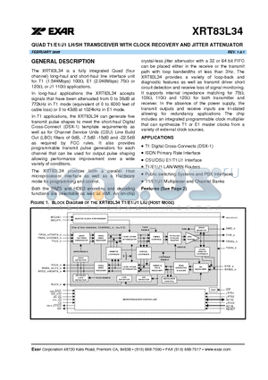 XRT83L34_05 datasheet - QUAD T1/E1/J1 LH/SH TRANSCEIVER WITH CLOCK RECOVERY AND JITTER ATTENUATOR