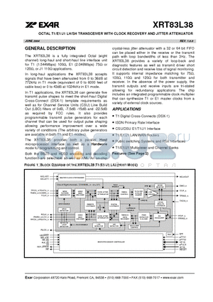 XRT83L38IV datasheet - OCTAL T1/E1/J1 LH/SH TRANSCEIVER WITH CLOCK RECOVERY AND JITTER ATTENUATOR