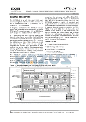 XRT83L38_07 datasheet - OCTAL T1/E1/J1 LH/SH TRANSCEIVER WITH CLOCK RECOVERY AND JITTER ATTENUATOR