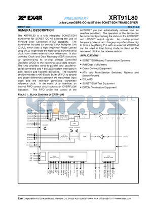 XRT91L80 datasheet - 2.488/2.666GBPS OC-48/STM-16 SONET/SDH TRANSCEIVER
