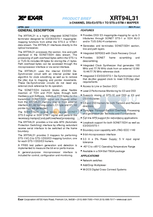 XRT94L31 datasheet - 3-CHANNEL DS3/E3/STS-1 TO STS-3/STM-1 MAPPER