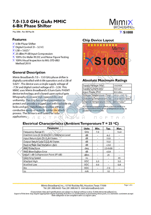 XS1000 datasheet - 7.0-13.0 GHz GaAs MMIC 6-Bit Phase Shifter
