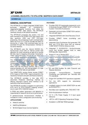 XRT94L33_06 datasheet - 3-CHANNEL DS3/E3/STS-1 TO STS-3/STM-1 MAPPER IC DATA SHEET