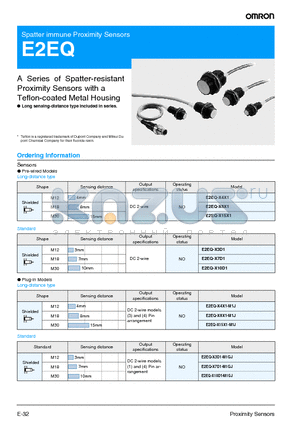 XS2F-D422-GCO-A datasheet - A Series of Spatter-resistant Proximity Sensors with a Teflon-coated Metal Housing