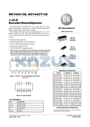 MC74ACT138DTR2 datasheet - 1−of−8 Decoder/Demultiplexer
