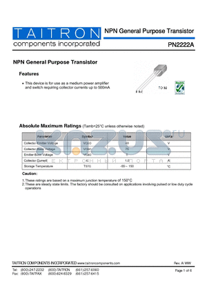 PN2222A datasheet - NPN General Purpose Transistor