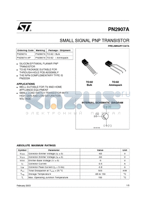 PN2907A datasheet - SMALL SIGNAL PNP TRANSISTOR